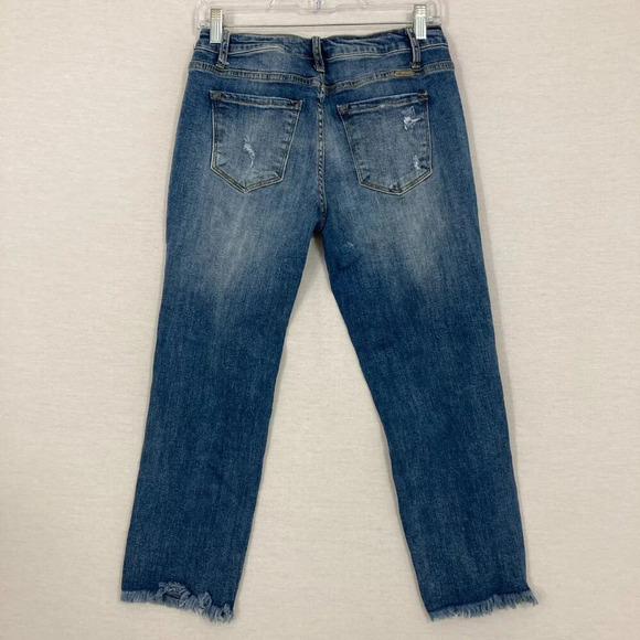 Kancan Blue Distressed Floral Embroidered Frayed Hem Slim Crop Jeans size 27 - Picture 10 of 12